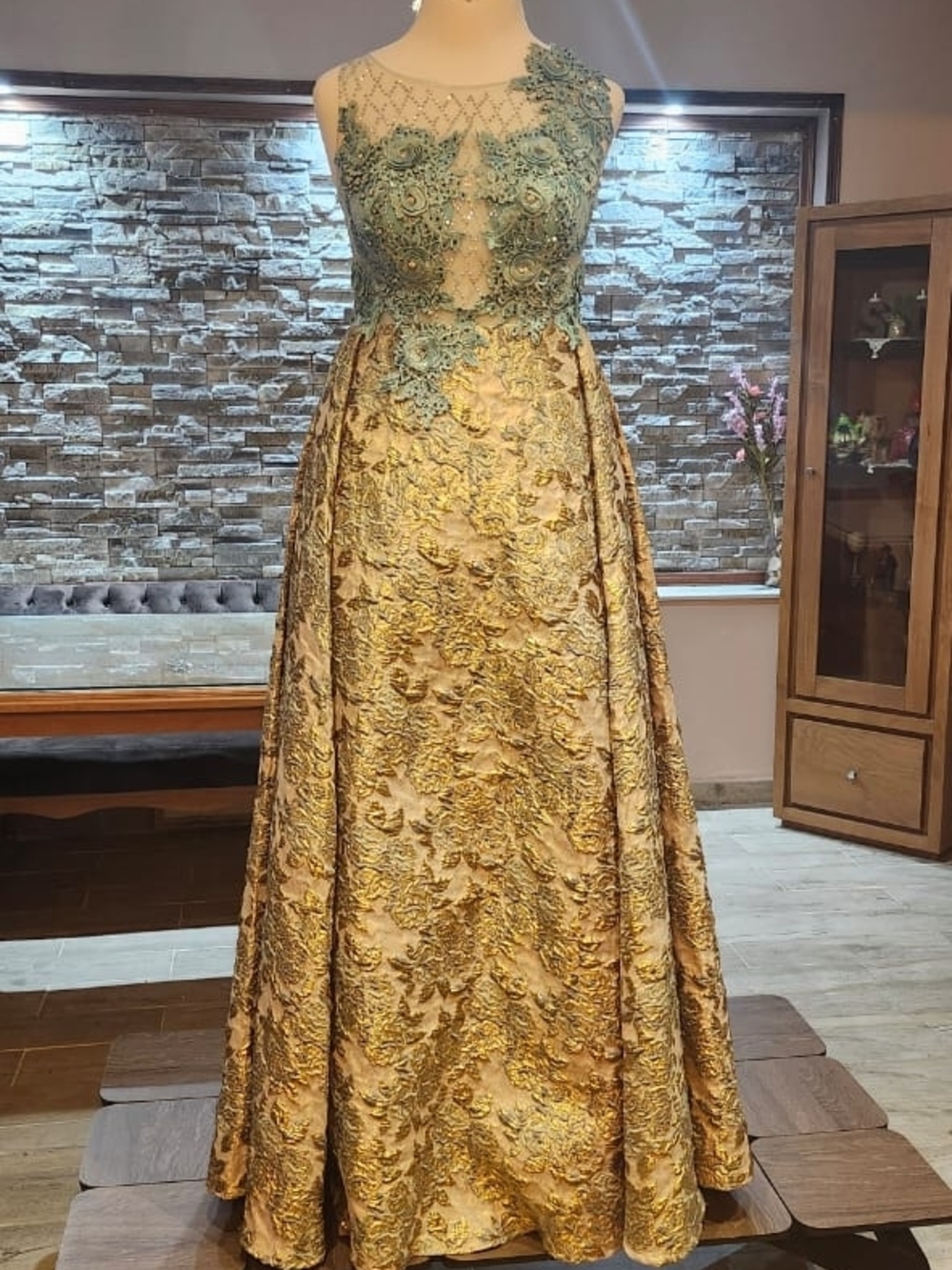 Elegant Gold Evening Gown with Sage Embroidered Bodice